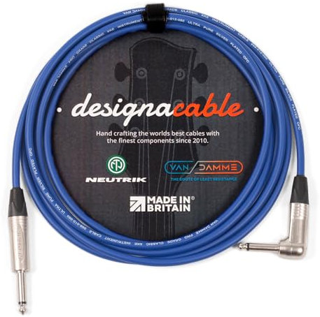 designacable.com 5m - Blue Unbalanced Straight to Angled Jack Guitar Lead - Handmade in the UK using Van Damme XKE instrument cable & Neutrik NP2X & NP2RX 1/4 Mono Jacks.