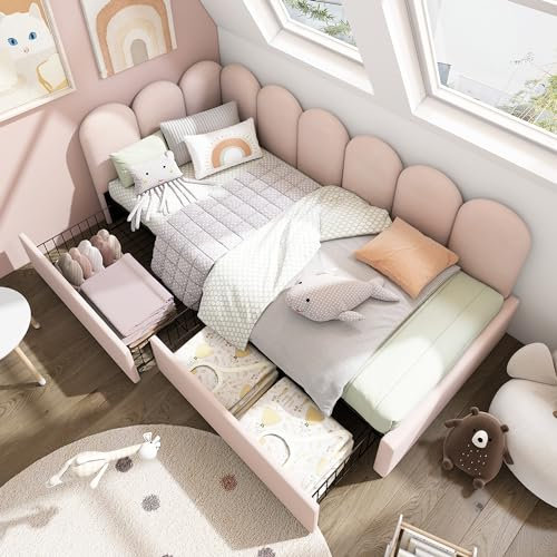 Dolamaní cm Schlafsofa Klein mit Bettfunktion 90x200 cm, Tagesbett für 1 Person, Bett Rosa für Jugendliche Mädchen, Polsterbett Samt mit 2 Stauraum Schubladen, jugendbett Ohne Matratze