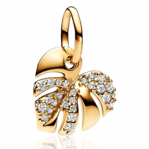 MSPOVOF Funkelnder Monstera-Blatt-Baumel-Charm Sterling Silber 5A Zirkonia Anhänger für Armband Halsketten Schmuck Geschenk für Damen Frauen