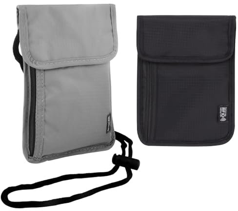 SKIKHN 2 Pcs Pochette Tour de Cou Voyage, Pochette Tour de Cou Unisexe avec Protection RFID, Pochette Tour de Poitrine, Sac de Passeport Imperméable Sac de Cou pour Document Voyage, Passeport, Carte