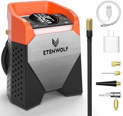 ETENWOLF Zephyr S5 Compressore d'aria portatile per pneumatici pesanti | Pompa ad aria senza fili da 160 psi e 15600 mAh, con luce a LED, per pneumatici auto, bici, moto, palline, pickup, arancione