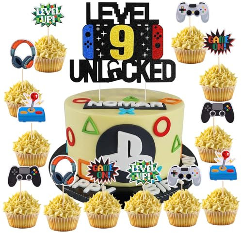 37 Stück Videospiel Tortendeko Geburtstag,9 Jahre alt Party Videospiel Cupcake Topper,Happy Birthday Kuchen Deko, Glitzer Spielkonsolen Thema Torten Deko, Cupcake Topper für Kindergeburtstag Party
