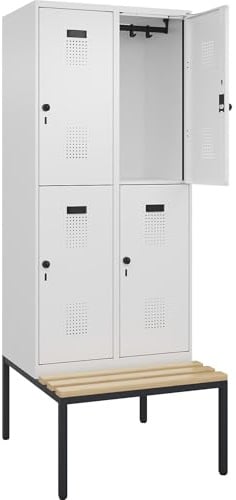 kaiserkraft | Doppelstock-Spind Evolo Plus Sitzbank | 2 Abteile | weiß | B 800 mm | Sicherheits-Drehriegel | mit untergebauter Sitzbank | Buche