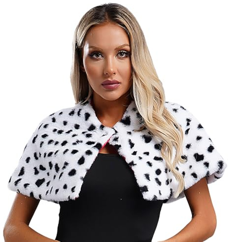 Loodgao Damen Umhang Cape mit Dalmatiner Print Schal Kunstpelz Schwarz Weiß Getupfter Stola Halloween Cosplay Kostüm Zubehör