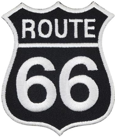 Route 66 USA Schwarz Weiß Aufnäher zum aufbügeln oder aufnähen Bügelbild Aufbügler für Kleidung gestickter Bügelpatch Applikation Biker Patch Größe 6,8 x 8,0 cm