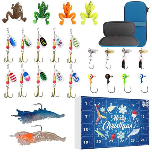 RWUDV Angel-Adventskalender, Angelköder-Adventskalender 2024, Angelzubehör-Adventskalender 2024, 24 Tage Weihnachts-Countdown-Fischzubehör-Set
