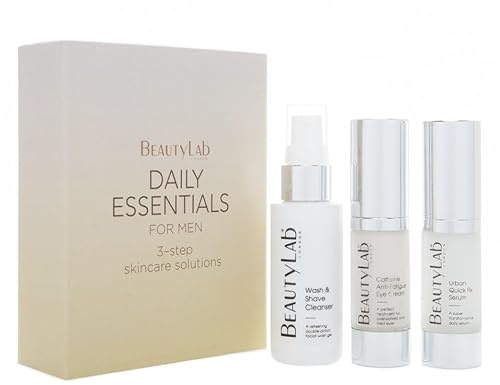 BEAUTYLAB Daily Essentials Gift Set for Men, Wash & Shave Cleanser, Serum, & Eye Cream, 3-Step Routine to Hydrate, Smooth, & Protect Skin, Mens Skincare Gift Set