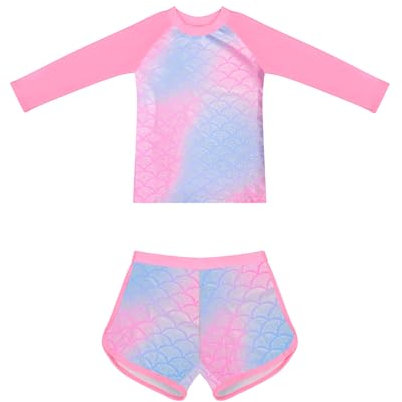 Costumi da Bagno a Maniche Lunghe Set Rashguard Costume da Bagno Protezione Solare Abbigliamento da Nuoto per Bambine da 2 a 12 Anni (8-10 Years, LA667-Pink)
