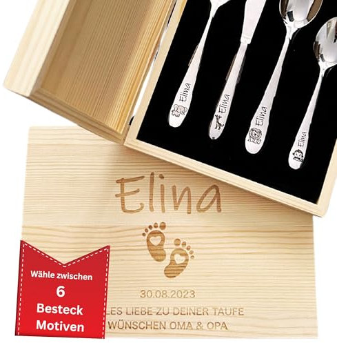 DEschenk personalisiertes Kinderbesteck mit Namensgravur | Besteck Kinder mit Gravur | Kindergeschirr personalisiert | Weihnachtsgeschenke für Babys | Taufgeschenk (Kindergröße, Füßchen)