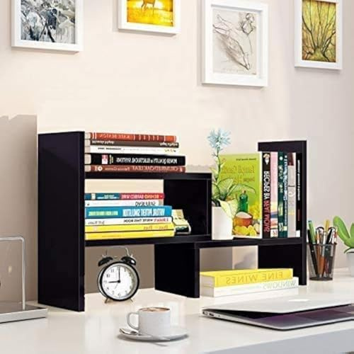 Wylnsie Desktop-Bücherregal aus Holz, Tischregal erweiterbar, Aufbewahrungsorganizer für Bücher, Home Office & Schule, Schreibtischregal, platzsparend & stabil (Schwarz)