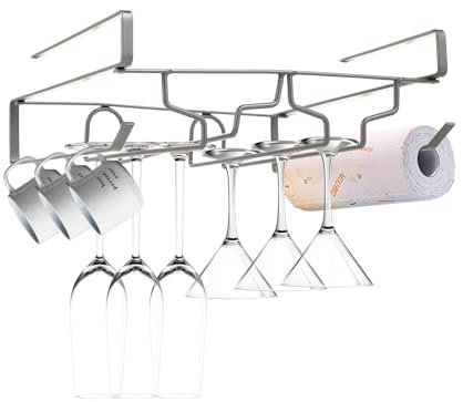 Hisdricus Porta Bicchieri Sospesi,Porta Bicchiere da Vino Sospeso,Portabicchieri Sospeso,Sospesi per Calici Bicchiere da Vino,Portabicchieri Appendere, ideale per bar, caffè, ristorante,grigio