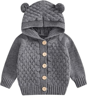 Toddler Baby Girl Boy Warm Sweater Cardigan Long Sleeve Bear Shaped Hooded Knitted Pullovers Tops Button Knit Jumpers Solid Thermal Coat Winter Chunky Knitwear