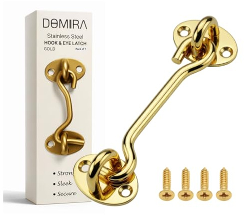 Domira Hook & Eye Latch - Heavy Duty Stainless Steel Door Lock | 3, 4, 6, 8 Inch | Gate Hook and Eye Latch for Doors, Sheds, Barns, Windows, Sliding Doors (Gold, 3 Inch)