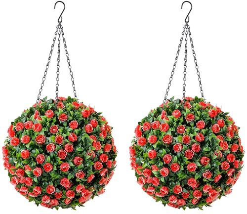CHRISTOW Pair of Artificial Rose Topiary Balls, 28cm Faux Leaf Hanging Ornaments, Red & White Flowers, Decorative Outdoor Garden Plants, Lifelike Foliage, UV Protected, Pre-Attached Chain with Hook