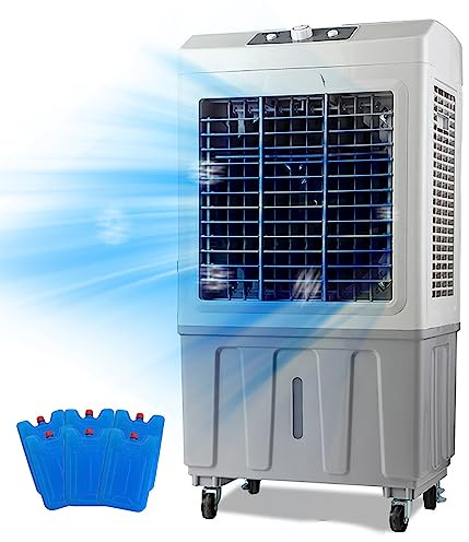 Evaporative Air Cooler | 50L Tank | 90° Oscillation Fan & Humidifier | 6 Ice Packs Included - Ideal for Warehouse & Supermarkets