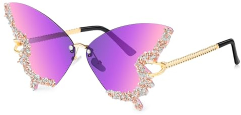 Becellen Rahmenlose Sonnenbrille Schmetterling Diamond Damen Sonnenbrille Vintage Modische Getönte Sunglasses UV-Schutz Rave Festival Sonnenbrillen