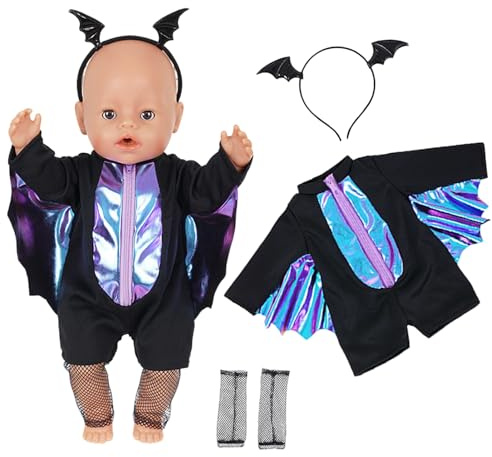 Babypuppenkleidung für 14-18 Zoll Babypuppen, 3 Stück 30-45cm Puppenkleidung mit 1 Overall im Fledermaus-Stil 1 Netzsocken 1 Stirnband Halloween Puppen Zubehör für Geburtstagsgeschenk
