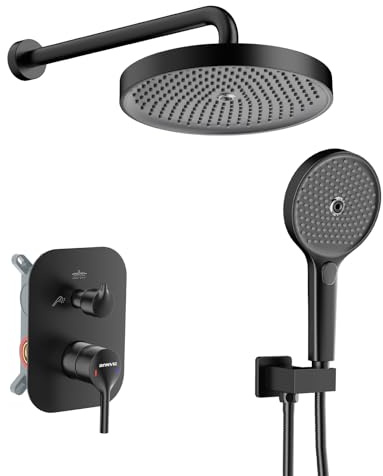 Ronvie Unterputz Duscharmatur Set, 10 Zoll Rund Duschsystem Unterputz mit Regendusche, Duschset Unterputz Komplettset mit Handbrause Matt Schwarz