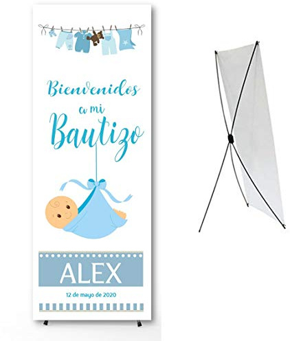 Cartel Bautizo Personalizado 60x160 cm – Pancarta Grande – Bienvenida o Photocall Bautismo – Incluye Soporte PVC – Recuerdo de Nacimiento (NIÑO)