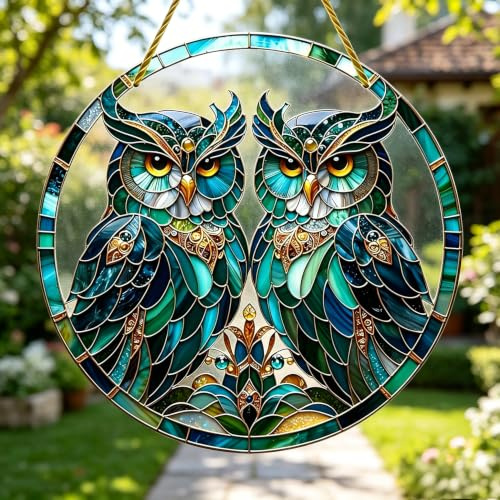 Samyosaien Owl Garden Ornaments Outdoor Hanging, Round Owl Wall Art with Rope for Garden Fence, Weather-Resistant Acrylic Decor for Patio, Yard, Porch, Living Room