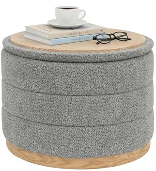 PINPLUS Round Chenille Storage Ottoman, Tray Top, 58x58x44 cm, Grey | Large Padded Seat/Storage Box, Wood-Grain Faux Leather Trim, Foldable Footstool/Coffee Table, for Living Room, Bedroom