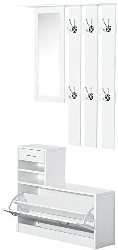 HOMCOM Ensembles 3 en 1 de Meuble d'entrée vestiaire avec Panneau Porte-Manteau, Miroir et Banc à Chaussures - 6 Crochets et étagère réglable, Blanc