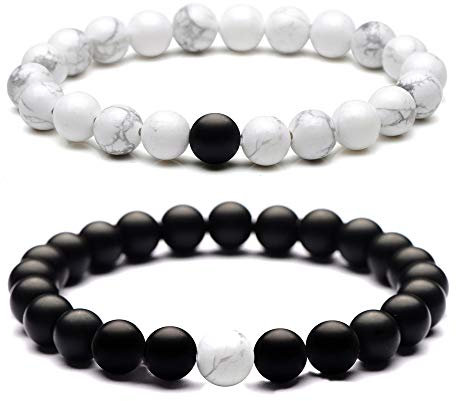 Epoch World Paar Partner Armbänder mit 8mm Perlen Armband, 2pcs schwarz Matte und weiß Armband mit Geschenkkarton geliefert