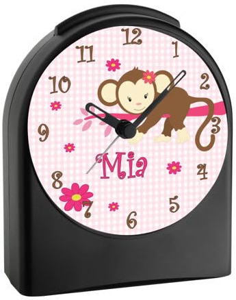 CreaDesign, WU-50-1000-02, AFFE hängend Farbe Rosa, analog Kinderwecker schwarz, Funkwecker ohne Ticken, mit Licht, personalisiert mit Namen, 9,6 x 5,5 x 11,9 cm, 104 g