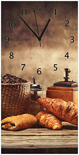 Wallario Design-Wanduhr, Acrylglasuhr Größe 30 x 60 cm, Schwarze Zeiger, Motiv Französisches Frühstück mit Café und Croissants