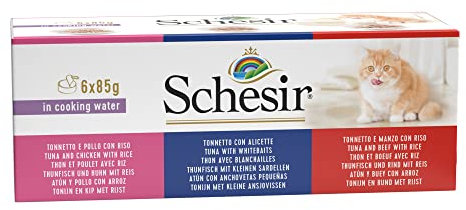 Schesir Natural Katzenfutter nass mit 100% natürlichen Zutaten aus Thunfisch, Rinderfilet, Hühnerfilet, kleinen Sardellen & Reis im Multipack oder als Einzelsorte (6 x 85g Dose)