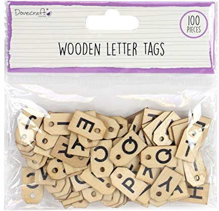 Dovecraft DCBS215 Essentials Wooden Letter 1.5X 2.5cm Drilled Holes-Tag Shape-Pre-Printed Alphabet Tiles-100 Pieces-for Card Making, DIY, Papercraft, Party, Home Décor & Scrapbooking, Brown, One Size