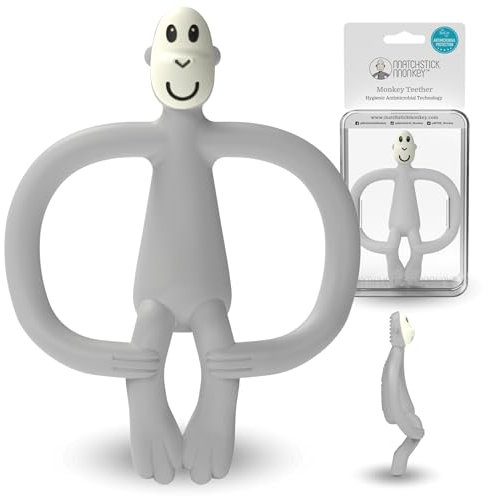 Matchstick Monkey Beißring Affe - Baby Zahnungshilfe - weiche Noppen massieren wundes Zahnfleisch - Silikon - BPA-frei - Greifling für Zahnen ab 3 Monaten - hellgrau