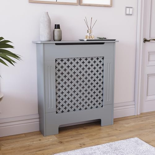 Vida Designs Oxford-Heizkörperabdeckung, moderner Grauer MDF-Schrank mit Rillen, Holzregal Oben, klein