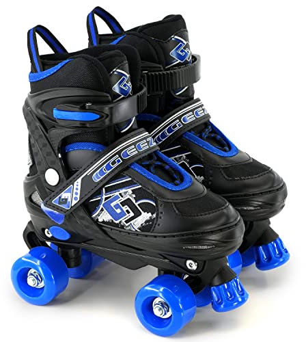 Childs Junior Adjustable Quad Roller Skates Boots Childrens Kids 4 Wheel Rollers (Blue Medium/UK 2-4/)