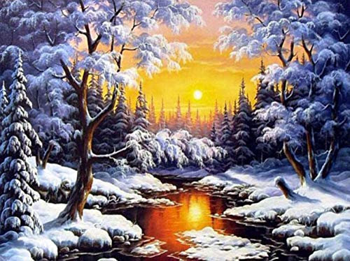 Bimkole DIY 5D Diamond Painting Zubehör Winterbach, Schnee Sonne Diamant Malerei Kit Voll Runde Bohrer Malen nach Zahlen Malerei Stickerei Kreuzstich Diamond Dekoration, (30x40 cm)