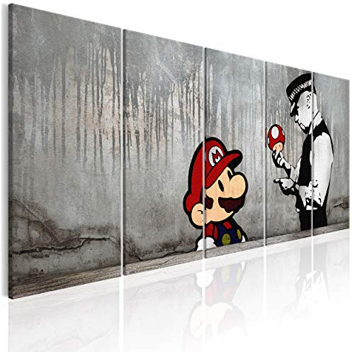 decomonkey Bilder Banksy Mario 150x60 cm XXL 5 Teilig Leinwandbilder Bild auf Leinwand Wandbild Kunstdruck Wanddeko Wand Wohnzimmer Wanddekoration Deko Street Art