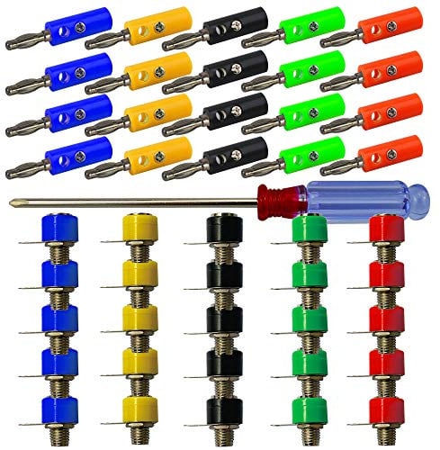 Senvenelec 50Pcs Bananenstecker, 4mm Bananenstecker Adapter, Bananenstecker Terminal, mini Verdrahtungspfosten, Bananen panel Buchse - 5 Farben (25 männlich + 25 weiblich).