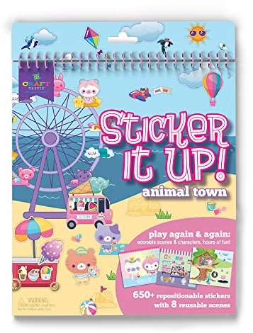 Craft-tastic Sticker It Up! - Wiederverwendbares Stickerbuch für Kinder - 650+ neu positionierbare Sticker erstellen Motive auf 8 Szenenseiten für stundenlangen Spaß - Serie Animal Town