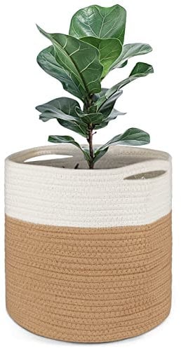 Tenn Well Pot de Fleurs 30 cm pour Plantes d'Intérieur avec Doublure, Panier de Rangement en Coton Tissé Grand Pots pour Plantes d'Intérieur, Décoration de la Maison (Blanc Marron)