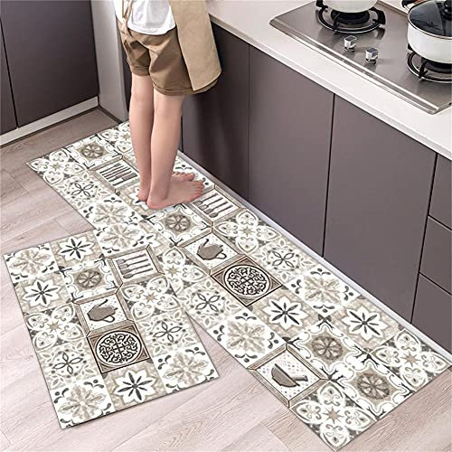 Tapis Cuisine 2 Pièce Tapis de Cuisine Antidérapant Lavable Tapis de Cuisine Devant Evier Tapis de Sol Cuisine Comfort Tapis de Bain Paillasson pour Cuisine Passage (Motif beige,44x75cm+44x150cm)