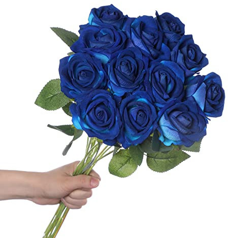 huaao 12 Stück Künstliche Rosen Seide Blumen, Hochzeitsarrangements Seidenrosen Single Stem Realistic Fake Rose Bouquet für Brautstrauss Hochzeitssträuße Dekoration, Blau