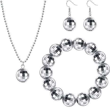 Kakonia Disco Ball Dangle Earrings Disco Bracelet Disco Necklace 70s Disco Outfits for Women Disco Costumes Disco Ball Jewelry Set