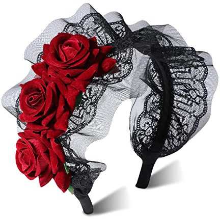MWOOT Donne Rosa rossa Fascia Capelli, Copricapo Floreale per Costumi Halloween Decorazione Capelli Messicana, Fiore Artificiale Cerchietto per capelli, Gotico Halloween Accessori Capelli