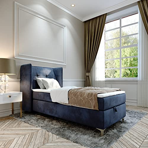 Boxspringbett Doppelbett LIND - 90x200cm Bett mit Bonellmatratze, mit Bettkasten für Bettwäsche und Topper. EIN Bett mit einem klassischen, konturierten Kopfteil (Velvet 79, 90x200)