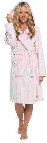Daisy Dreamer Womens Snuggle Fleece Dressing Gown Robes Extra Long Super Soft Cuddly Velvet Touch Plush Bathrobe Gowns for Ladies, Pink Stripe 8-10