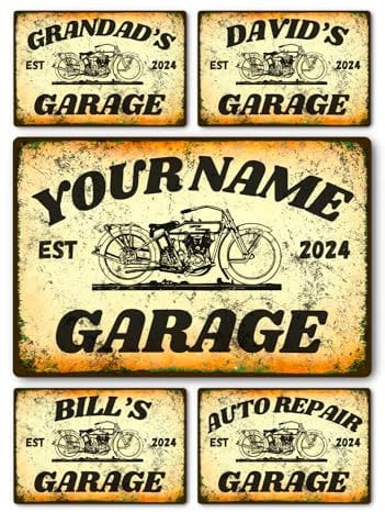 Personalised Metal Signs - Custom Plaque for Home Decor, Wall Art, Man Cave, Door, House, Shed, Bedroom 30 x 20cm (Motorbike Garage Sign)