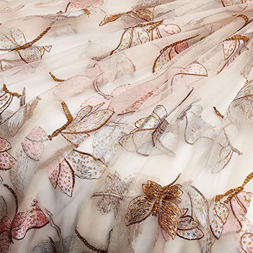 BENECREAT 160cm Organza-Stoff Mit Stickerei Libelle, 160cm Breiter Spitzenstoff Für Kleid, Kostüm, Tisch, DIY, Handwerk, Vorhang, Zuhause, Vintage-Dekor, 0.5mm Dick