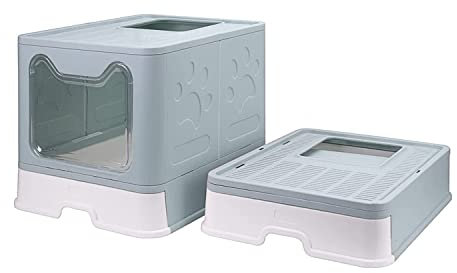 SHISHI Bandeja de Arena para Gatos Cerrada, Arenero Tapado Alto, Gran Casa de Aseo Gato Plegable con Tapa, Cajón de Arena con Pala, Inodoro para Mascotas, hasta 7 kg (Azul XL 51 × 41 × 38 cm)