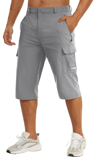 TACVASEN Men's 3/4 Cargo Shorts Three Quarter Quick Dry Stretchy Hiking Walking Shorts with Zip Pockets