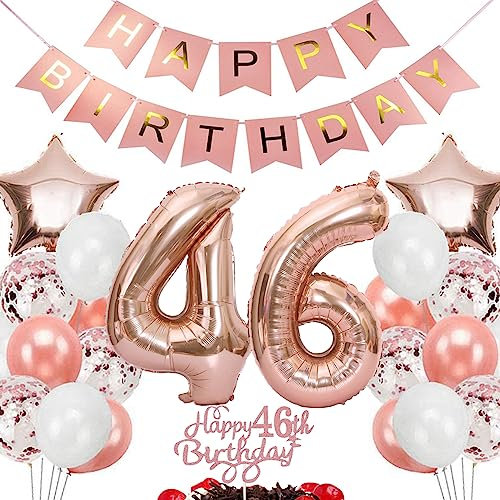 Feelairy Geburtstagsdeko 46 Jahre Frauen, Rosegold Luftballon 46. Geburtstag Deko Frau, Tortendeko Happy 46th Birthday Deko 46 Jahre Frauen, Ballon 46. Geburtstag Frau Party Dekoration Set